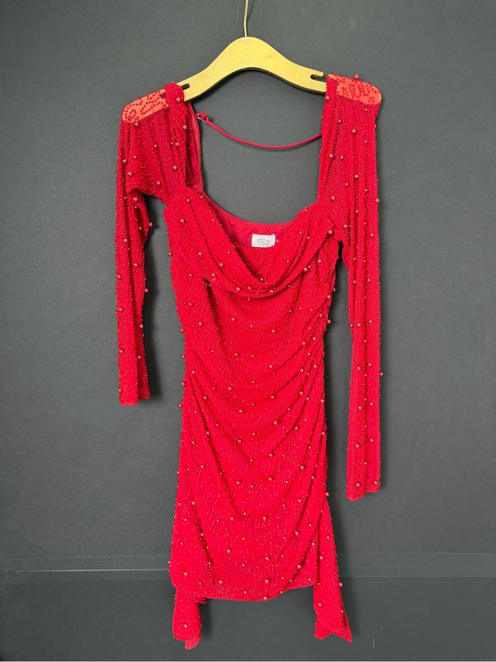 Oh Polly Red Beaded Cowl Neck Long Sleeve Dress